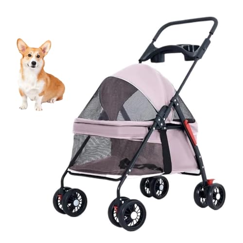 YPDOPORA Haustier-Kinderwagen, 4 Räder, Hunde- Und Katzen-Kinderwagen, Faltbarer Hunde- Und Katzenkäfig-Jogger-Kinderwagen Mit Aufbewahrungskorb Und Getränkehalter, Atmungsaktiv,Rosa von YPDOPORA