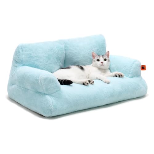 YPDOPORA Haustiercouch, Schlafsofa, Flauschige Katzencouch Für Mittelgroße Kleine Hunde & Katzen, Hundecouch Haustiersofabett Mit Abnehmbarem Waschbarem Bezug Und Rutschfester Unterseite,Blau von YPDOPORA