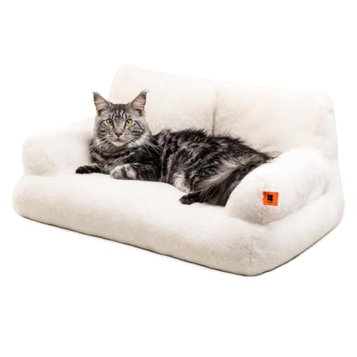 YPDOPORA Haustiercouch, Schlafsofa, Flauschige Katzencouch Für Mittelgroße Kleine Hunde & Katzen, Hundecouch Haustiersofabett Mit Abnehmbarem Waschbarem Bezug Und Rutschfester Unterseite,Weiß von YPDOPORA