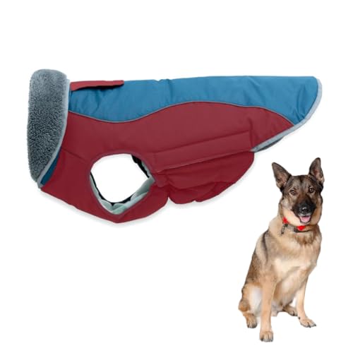 YPDOPORA Hundemäntel Für Große Hunde, Wasserdicht, Für Den Winter, Hunde-Winterjacke Mit Revers, Mit Fleece Gefütterte, Reflektierende Haustierjacke, Haustiermäntel Mit Loch Für Hundegeschirr,Rot,2XL von YPDOPORA