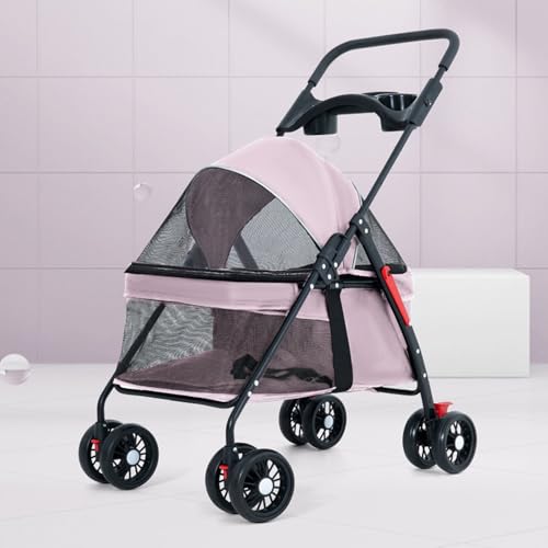 YPDOPORA Katzen-/Hundebuggy, Leichter Reisekinderwagen Für Kleine Und Mittelgroße Hunde Und Katzen Mit 360-Grad-Vorderradschwenkung, Hinterradbremsen, 2 Sicherheitsleinen, Getränkehalter,Rosa von YPDOPORA