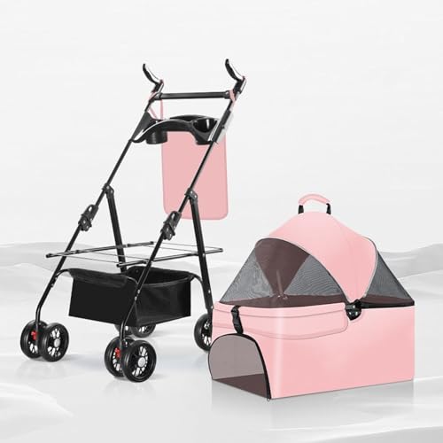 YPDOPORA Katzen-/Hundewagen Für Kleine/Mittelgroße Haustiere, Abnehmbarer 2-In-1-Haustierwagen, 360°-Universal-Hundewagen Mit Bremsvorrichtung, Zusammenklappbarer Aufbewahrung,Rosa von YPDOPORA