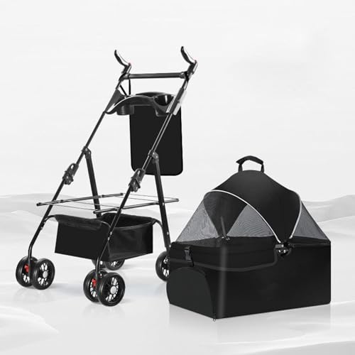 YPDOPORA Katzen-/Hundewagen Für Kleine/Mittelgroße Haustiere, Abnehmbarer 2-In-1-Haustierwagen, 360°-Universal-Hundewagen Mit Bremsvorrichtung, Zusammenklappbarer Aufbewahrung,Schwarz von YPDOPORA