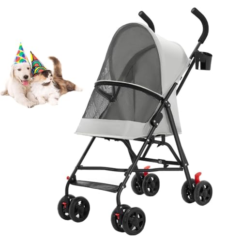 YPDOPORA Katzen- Und Hundebuggys Für Kleine Hunde, Großer Zusammenklappbarer Katzenbuggy, 4 Räder Mit Getränkehalter, Hundewagen, Atmungsaktiver Und Belüfteter Hundebuggy Für Den Außenbereich,Grau von YPDOPORA