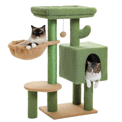 YPDOPORA Katzenhaus Für Hauskatzen, Kaktus-Kratzbaum Mit Hängematte, Mehrstöckiger Katzenturm Mit Sisal-Kratzbaum, Gepolsterter Sitzstange Oben, Bequemer Hängematte Und Baumelnden Bällen Für Kätzchen von YPDOPORA