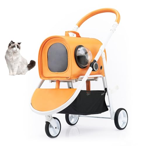 YPDOPORA Katzenkäfig-Jogger-Kinderwagen Für Kleine Katzenhunde, Faltbarer Haustier-Kinderwagen Mit Aufbewahrungskorb Und Atmungsaktivem, Sichtbarem Netz, Tragbarer Katzen-/Hunde-Kinderwagen,Orange von YPDOPORA