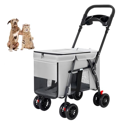 YPDOPORA Kinderwagen Für Haustiere, Faltbarer Hunde-/Katzenkäfig, Jogger-Kinderwagen, Extragroßer Hundekinderwagen Mit 4 Rädern, Atmungsaktives Netzgewebe Mit Aufbewahrungskorb,Grau von YPDOPORA