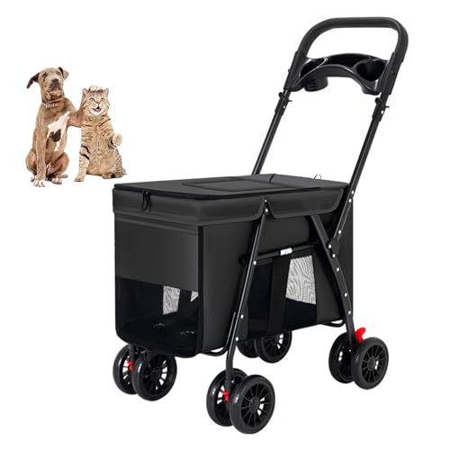 YPDOPORA Kinderwagen Für Haustiere, Faltbarer Hunde-/Katzenkäfig, Jogger-Kinderwagen, Extragroßer Hundekinderwagen Mit 4 Rädern, Atmungsaktives Netzgewebe Mit Aufbewahrungskorb,Schwarz von YPDOPORA