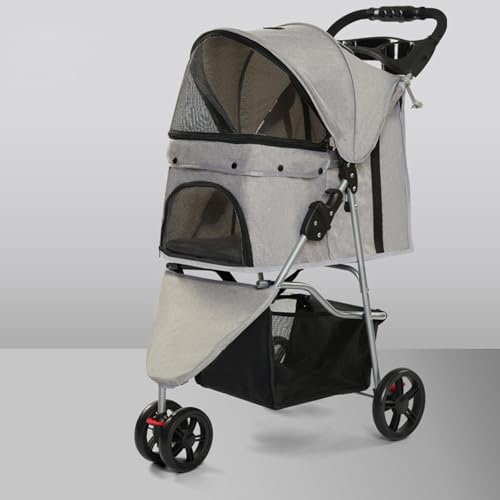 YPDOPORA Kinderwagen Für Haustiere Mit 3 Rädern, Zusammenklappbarer Kinderwagen Für Kleine Und Mittelgroße Hunde Und Katzen, Hundetransportwagen Mit Getränkehalter Und Aufbewahrungskorb,Grau von YPDOPORA