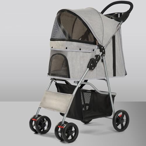 YPDOPORA Kinderwagen Für Haustiere Mit 4 Rädern, Kinderwagen Für Kleine/Mittelgroße Hunde Und Katzen, Welpenkinderwagen Mit Getränkehalter, Aufbewahrungskorb Und Sicherheitsgurt,Grau von YPDOPORA