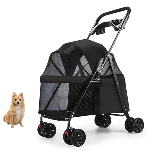 YPDOPORA Kinderwagen Für Hunde Und Katzen Mit 4 Rädern, Zusammenklappbarer Kinderwagen Für Haustiere Mit Sonnenblenden Und Sitz, Leichter Kinderwagen Für Den Außenbereich, Atmungsaktiv,Schwarz von YPDOPORA