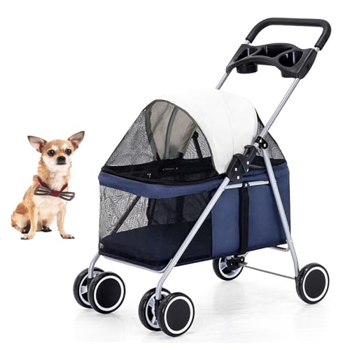 YPDOPORA Kinderwagen Für Katzen Und Hunde, 4 Räder, Zusammenklappbarer Kinderwagen Für Outdoor-Reisen Mit Haustieren, Käfigkinderwagen Für Hunde Und Katzen Mit Getränkehalter, Atmungsaktiv,Blau von YPDOPORA