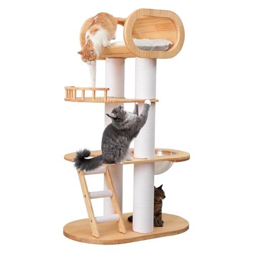 YPDOPORA Kratzbaum Für Hauskatzen, 160 cm Hoher Moderner Kratzbaumturm, Mehrstufiger Kletterbaum Für Große Katzen, Katzenhaus Aus Massivholz Mit Transparenter Schüssel, Abnehmbares Kissen von YPDOPORA