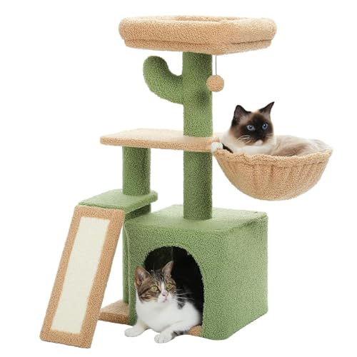 YPDOPORA Kratzbaum Für Hauskatzen, Großer Kaktus, 81,3 cm Kleiner Katzenturm, Katzenhaus Mit Sisal-Kratzrampe, Gemütlicher Hängematte Und Abnehmbarer Bettstange Für Kätzchen von YPDOPORA