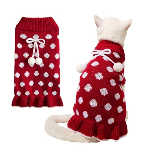 YPDOPORA Rotes Hundepullover-Kleid Mit Loch Für Die Leine. Gepunkteter Hundepullover. Warme Hundepullover Mit Bommelball Für Den Herbst Und Winter,Rot,L von YPDOPORA