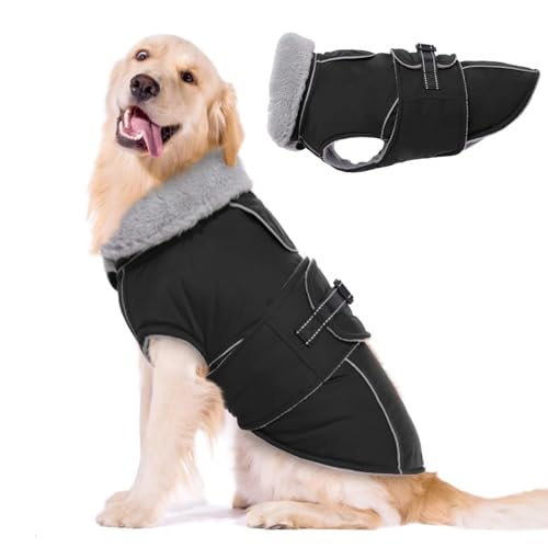 YPDOPORA Warmer Hundewintermantel, Fleecegefütterte Warme Winterhundejacke Groß, Hundewintermäntel Wasserdicht, Haustierjacke Mit Geschirrloch Für Kleine, Mittelgroße Und Große Hunde,Schwarz,2XL von YPDOPORA