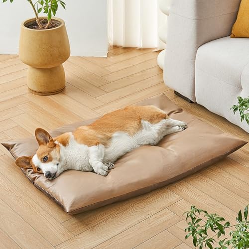 YPDOPORA Wasserdichtes Hundebett Aus Leder, Memory Foam-Hundebett Für Die Hundebox, wasserdichte Hundebetten Mittlerer Größe Mit Wasserdichtem, Waschbarem Bezug Und Rutschfester Unterseite,Braun,S von YPDOPORA