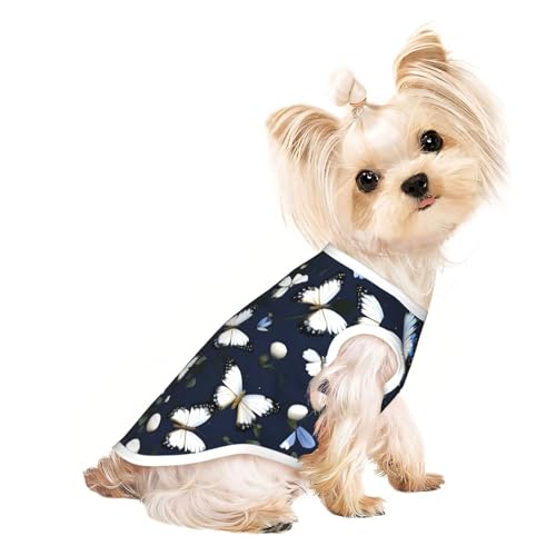 Hunde-Shirt, Motiv: weiße Blüten mit blauen Schmetterlingen, leicht, Sommer, kühl, atmungsaktiv, ärmellos, dehnbare Kleidung von YQxwJL