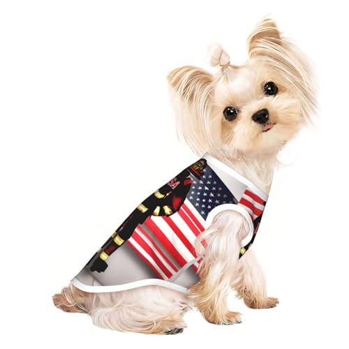 Hunde-T-Shirt, Motiv: Feuerwehrmann, USA-Flagge, leicht, Sommer, kühl, atmungsaktiv, ärmellos, dehnbar, Rot gestreift von YQxwJL
