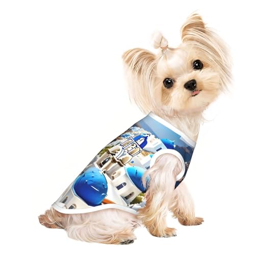 Hunde-T-Shirt, Motiv: griechische Insel, Meerblick, leicht, Sommer, kühl, atmungsaktiv, ärmellos, dehnbare Kleidung von YQxwJL