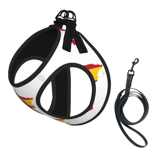 Hundegeschirr und Leine, weiches Netzgewebe, Motiv: spanische Flagge, bequem, gepolstert, kein Ziehen von YQxwJL