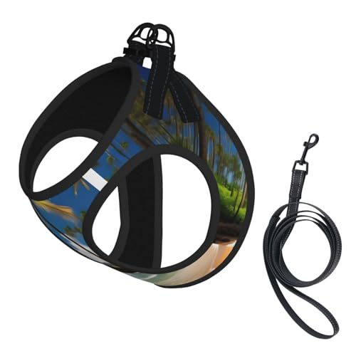 Hundegeschirr und Leine, weiches Netzgewebe, Motiv: tropische Palme, Hawaii, Strand, bequem, gepolstert, kein Ziehen Hundegeschirr und Leine, weiches Netzgewebe, Motiv: tropische Palme, Hawaii, Strand, bequem, gepolstert, kein Ziehen von YQxwJL