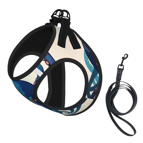 Hundegeschirr und Leine, weiches Netzgewebe, mit Oktopus-Aufdruck, bequem, gepolstert, kein Ziehen, Blau und Violett von YQxwJL