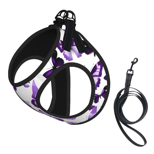 Hundegeschirr und Leine, weiches Netzgewebe, mit Schmetterlings-Aufdruck, bequem, gepolstert, kein Ziehen, Weiß / Violett Hundegeschirr und Leine, weiches Netzgewebe, mit Schmetterlings-Aufdruck, bequem, gepolstert, kein Ziehen, Weiß / Violett von YQxwJL