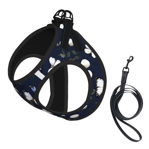 Hundegeschirr und Leine, weiches Netzgewebe, mit blauen Schmetterlingen, bequem, gepolstert, kein Ziehen, Weiß Hundegeschirr und Leine, weiches Netzgewebe, mit blauen Schmetterlingen, bequem, gepolstert, kein Ziehen, Weiß von YQxwJL