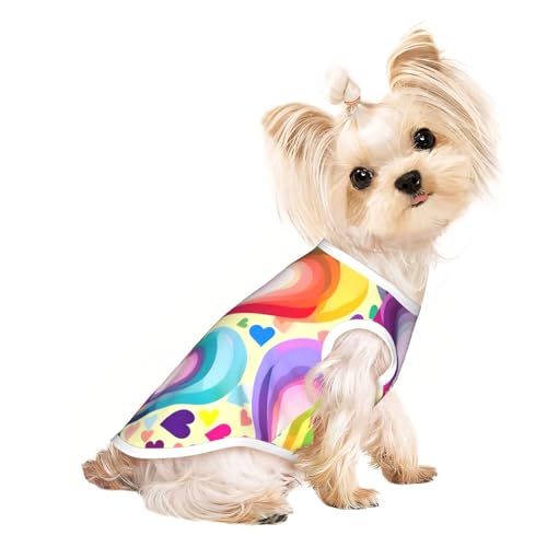 Leichtes Hunde-Shirt, Herzmuster in Regenbogenfarben, Sommer, kühl, atmungsaktiv, ärmellos, dehnbare Kleidung von YQxwJL