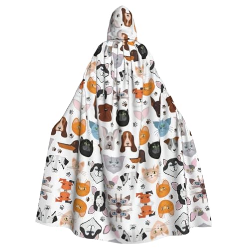 YQxwJL Langer Umhang mit Cartoon-Katzen- und Hunde-Aufdruck, Uni, mit Kapuze, Halloween, Weihnachten, Kostüme, Partyumhang von YQxwJL