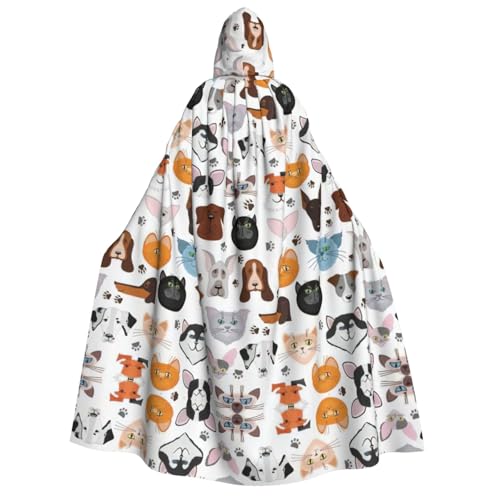 YQxwJL Langer Umhang mit Cartoon-Katzen- und Hunde-Aufdruck, Uni, mit Kapuze, Halloween-Kostüm, Umhang für Erwachsene, Vampir-Hexenumhang von YQxwJL