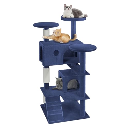 YRHome Blaugrau Katzenbaum 130 cm – Kratzbaum Kletterbaum Katzenregal Katzenkratzbaum mit Höhle, Sisal-Pfosten & Plattformen Stabiler Kletterturm für aktive Katzen Spiel- und Schlafplatz von YRHome