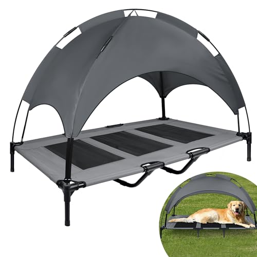 YRHome Erhöhtes Hundebett mit Dach Sonnenschutz Haustierbett mit Baldachin Hundeliege Outdoor Hundesofa mit Rutschfesten Fußpolster, Wasserdicht Dach & Atmungsaktivem Netzgewebe, XL 122x92x102cm von YRHome