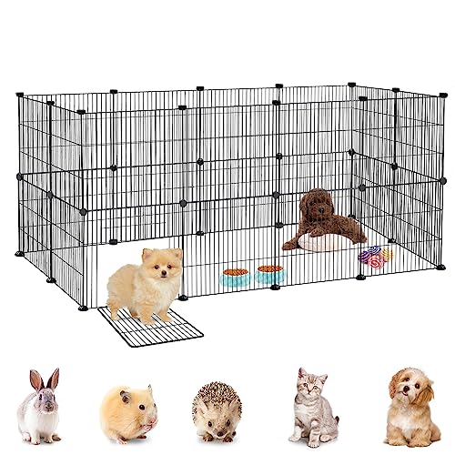 YRHome Freigehege Gittergehege für Kaninchen Hasen Meerschweinchen Gehege Freilauf Hamster Welpengehege Kleintiergehege Hasenstall Laufgitter Kleintierkäfig 24-Platten mit Türen Schwarz 142x72x72cm von YRHome