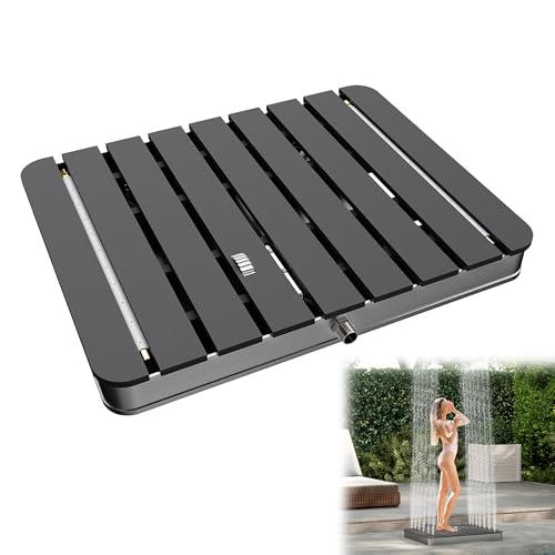 YRHome Gartendusche Bodendusche Außendusche Saunadusche Aluminium/WPC Campingdusche Rechteck 70x55cm Fontänenhöhe bis 4 m rutschfeste Standfläche Wetterfest Holzoptik für Garten Pool Dusche Anthrazit von YRHome