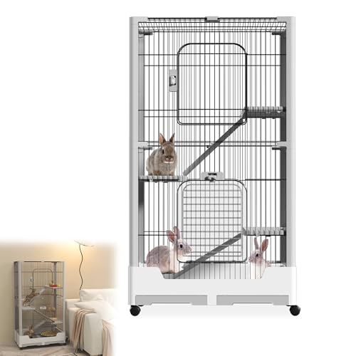 YRHome Grau 2 Ebenen Kaninchenstall Kleintierkäfig Meerschweinchenkäfig Hasenkäfig Nagerkäfig mit Sicherheitsschlösser, Rollen, offenem Dach, abnehmbar Bodenplatte und Leiter 73 x 50 x 113 cm von YRHome