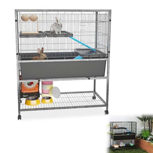 YRHome Mobiler Kleintierkäfig Kaninchenstall Meerschweinchenkäfig Nagerkäfig Nagetiergehege Hasenstall mit Schubladenwanne, Klettermöglichkeiten und Sicherheitsverschluss - Einstöckiger 88x48x102cm von YRHome