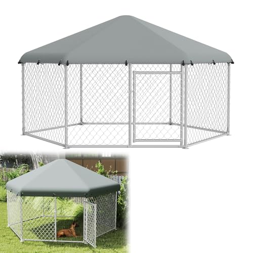 YRHome Premium Sechseckiger Hundezwinger mit 420D Oxford Sonnenschutzdach Groß Hundekäfig Wetterfester Hundehaus Hundehütte Tierlaufstall aus verzinkt mit abschließbarer Tür (Typ A - 2.8x2.5x1.65m) von YRHome