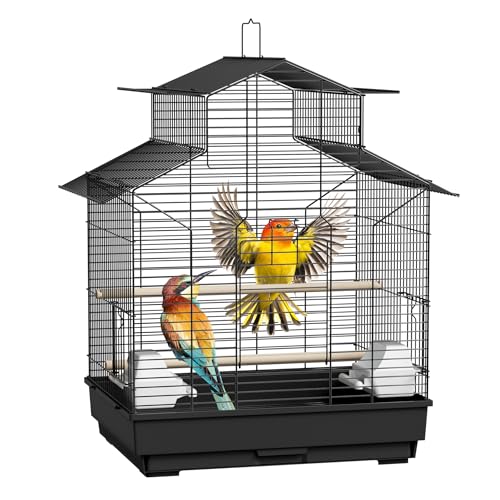YRHome Vogelkäfig Wellensittichkäfig Metall 46 x36x62cm Großer Käfig für Wellensittiche, Kanarienvögel & Exoten mit praktischem Dach zum Öffnen, 2 Futterhäusern, 2 Sitzstangen & abnehmbarem Kotblech von YRHome