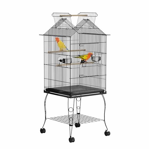 YRHome Vogelkäfig mit Ständer Wellensittlichkäfig mit Dach zum Öffnen 55 x 55 x 145 cm Vogelvoliere Papageienkäfig Tropfenvogelkäfig mit Futterhaus und Sitzstange aus Holz für Wellensittiche von YRHome
