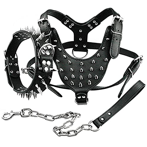 Beschlagenes Leder Hundehalsband Harness Leine Set Walking Pitbull Boxer Für Mittelgroße Hunde-Schwarz,XL von YSDSS