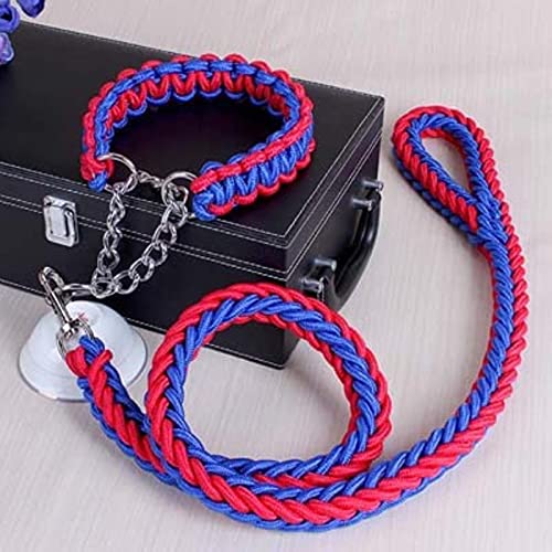 Handgefertigtes Doppelstrang-Seil Großes Hundehalsband und Leine Set Metall P Kettenschnalle Trainingsseil Blei-Blau und Rot,XL von YSDSS