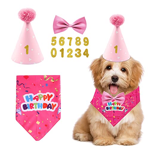 4 Stück Set Haustier Geburtstag Party Supplies, Hund Dreieck Schal, Geburtstag Hut, Hund Fliege Gold Pink Digital Patch Haustier Party Feier Dekorationen kleine, mittelgroße, große Haustiere (Rosa) von YSDYY