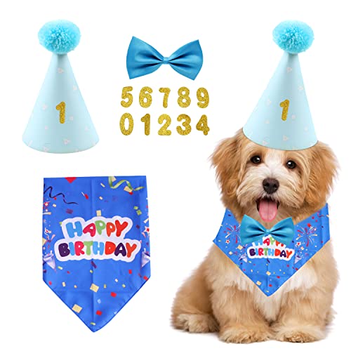 4-teiliges Set Haustier Geburtstag Party Zubehör Hund Dreieck Schal Geburtstag Hut Hund Fliege Gold Puder Digital Patch Haustier Party Feier Dekor für kleine, mittelgroße, große Haustiere (blau) von YSDYY