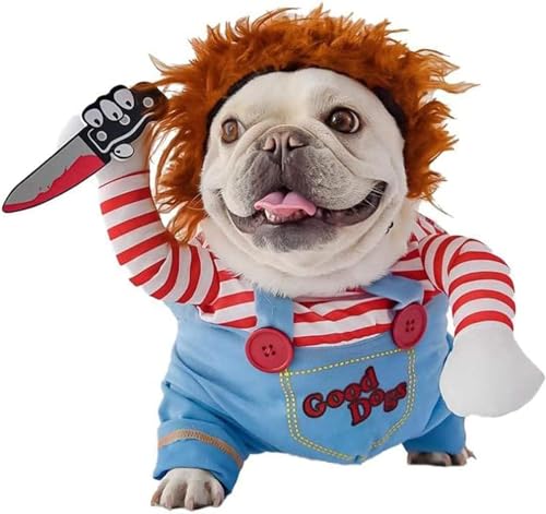 Chucky Hundekleidung Lustige Hund Halloween Kostüm Rollenspiele Verkleidungen Puppe Einstellbar Zubehör für Haustier Katzen Kleine mit Messer Perücke von YSQEVN