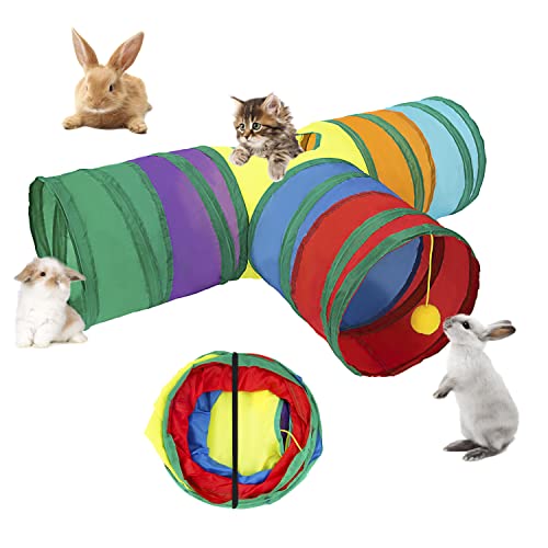 Faltbarer Kaninchentunnel Bunny Tunnels Tube 3 Wege Versteck Interaktiv Regenbogen für Drinnen Draußen Katzen Zwergkaninchen Kaninchen Meerschweinchen Hasen Spielzeug von YSQEVN