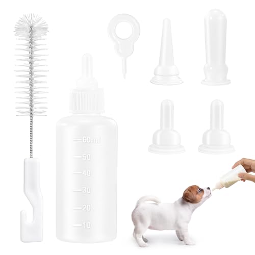 YSQEVN Aufzuchtflasche für Katze Welpen 60ml Milch Flasche für Neugeborene Hunde mit 5 Ersatz Nippel und Pinsel Babyflasche für Klein Haustiere Fütterungswerkzeug von YSQEVN