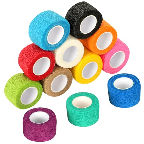 YSWOVUO 12 Rollen Selbstklebender Verband 2,5cm x 4,5m, Haftbandage Selbstklebend, Vliesstoff Selbsthaftende Bandage, Elastischer Binden Verband für Stretch Sportler, Handgelenk, Knöchel, Pet von YSWOVUO