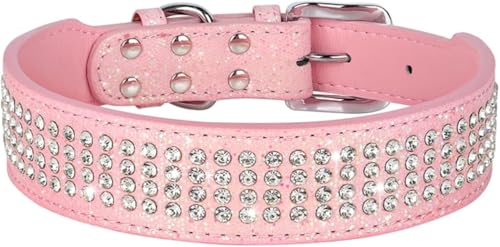 Halti Hundehalsband für Hunde, niedliches Diamant-Hundehalsband, breites Leder, glitzernde Strasssteine, Hundehalsband für mittelgroße und große Hunde, Französische Bulldogge (Rosa, XL) von YTBHSHXZ